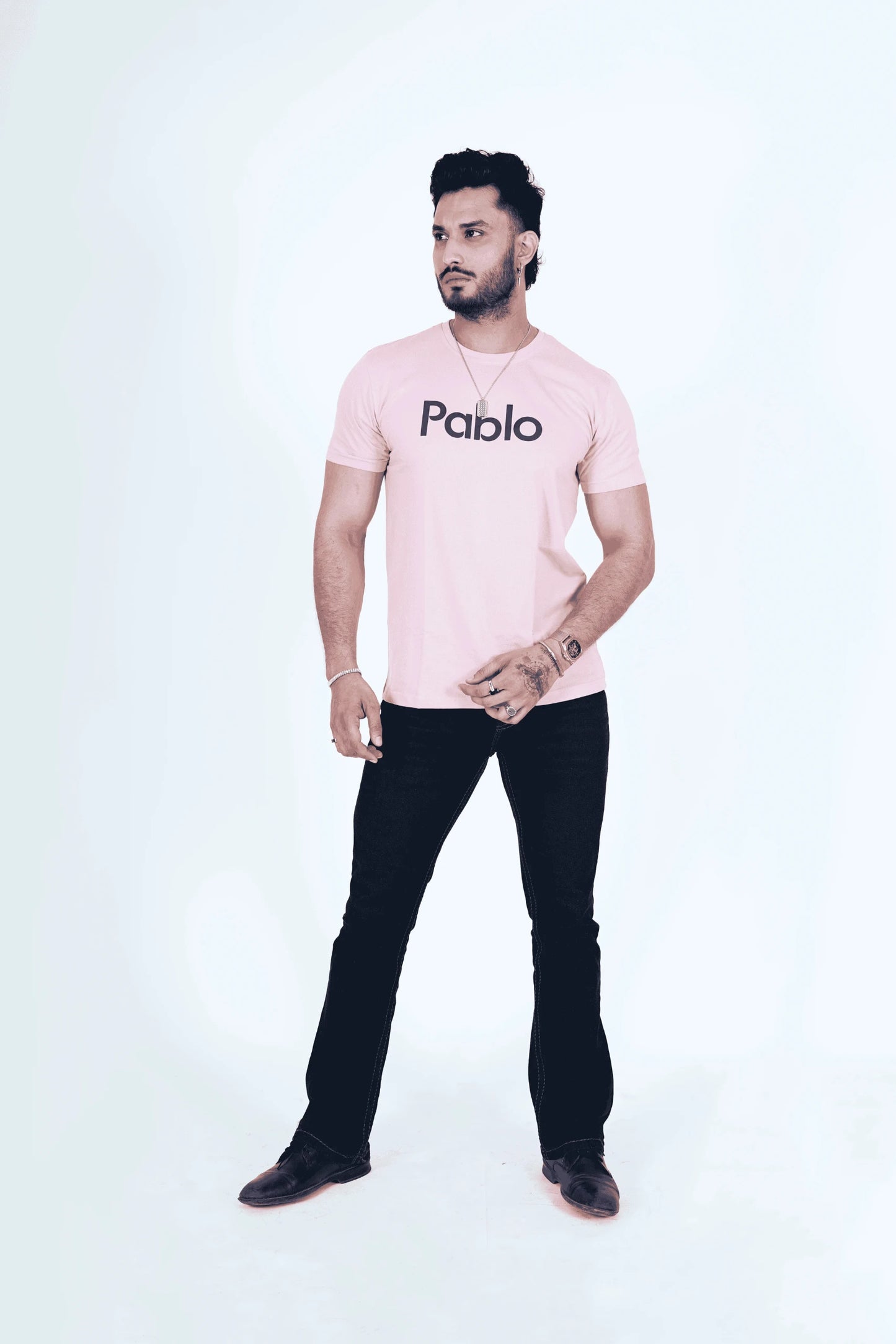 Baby Pink Round Neck T-Shirt with Navy Blue Print