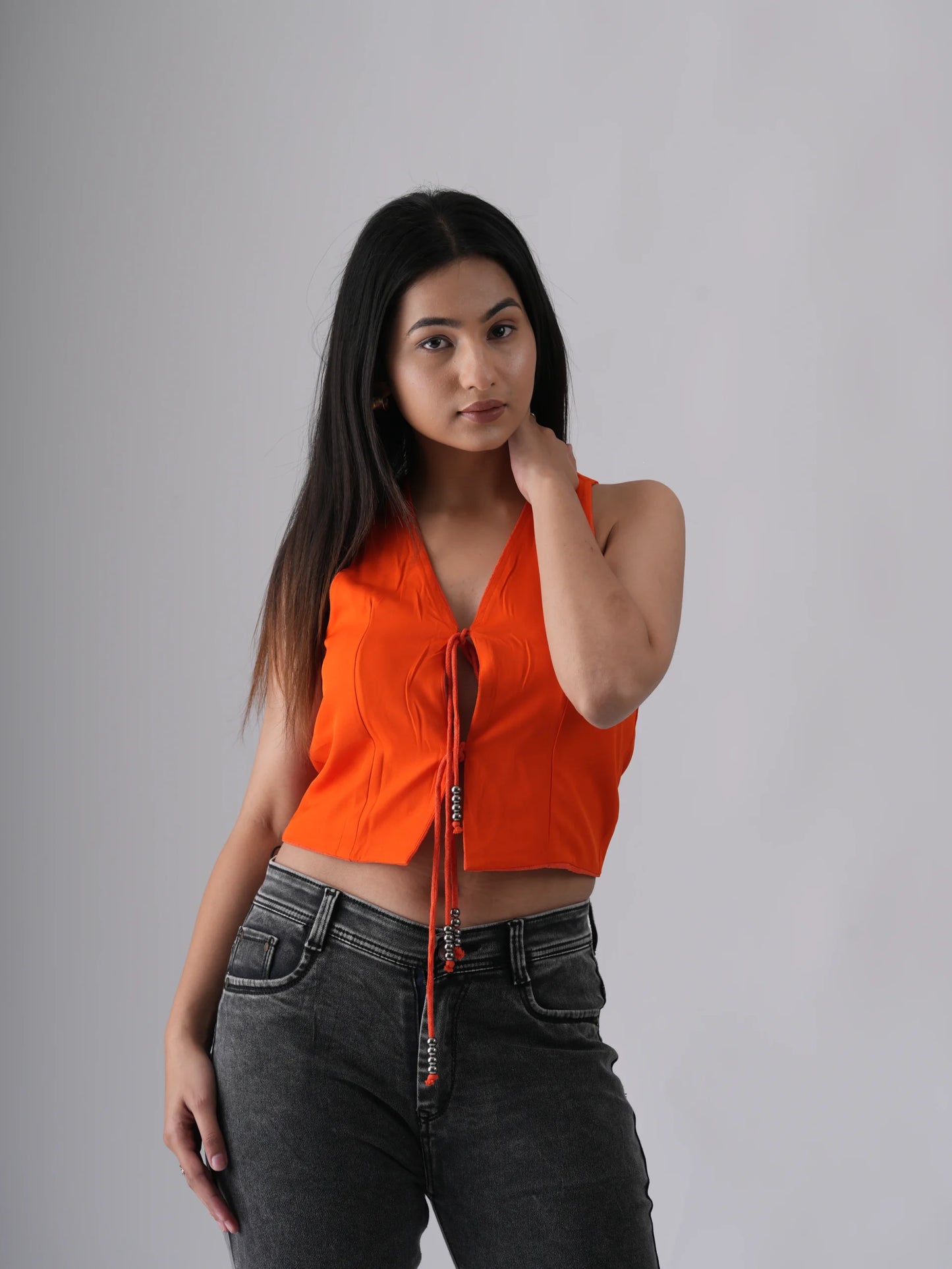 Women Neon Orange Front Laced Top