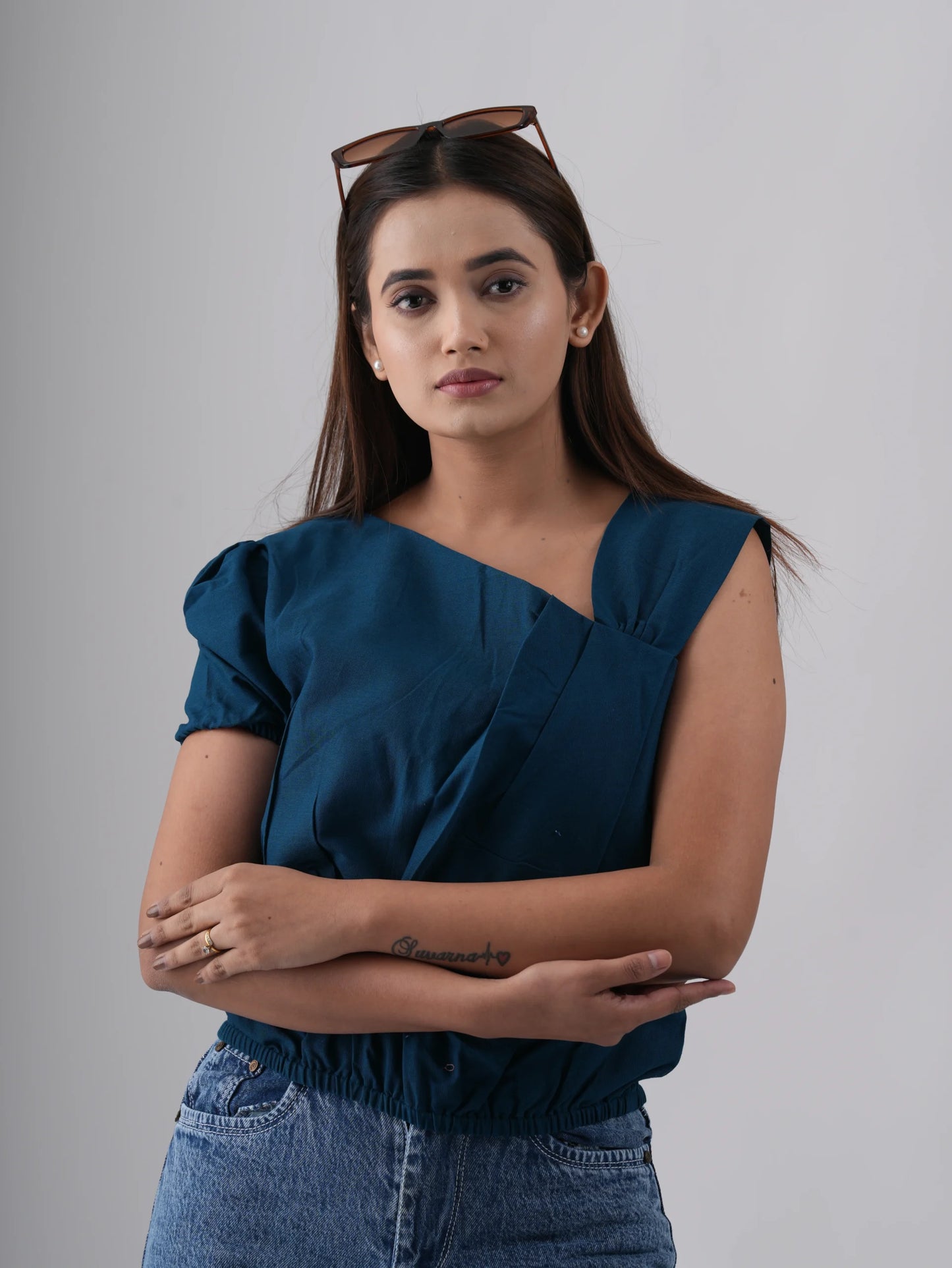 Women Royal Blue One Off Shoulder Top