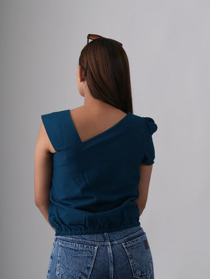 Women Royal Blue One Off Shoulder Top