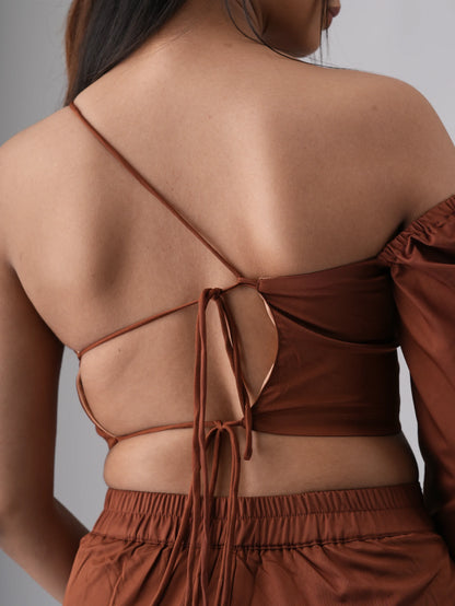Back Open One Off Shoulder Top Pant Co-Ord Set