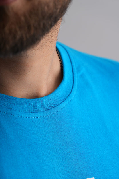 Blue Round Neck T-Shirt with White Print