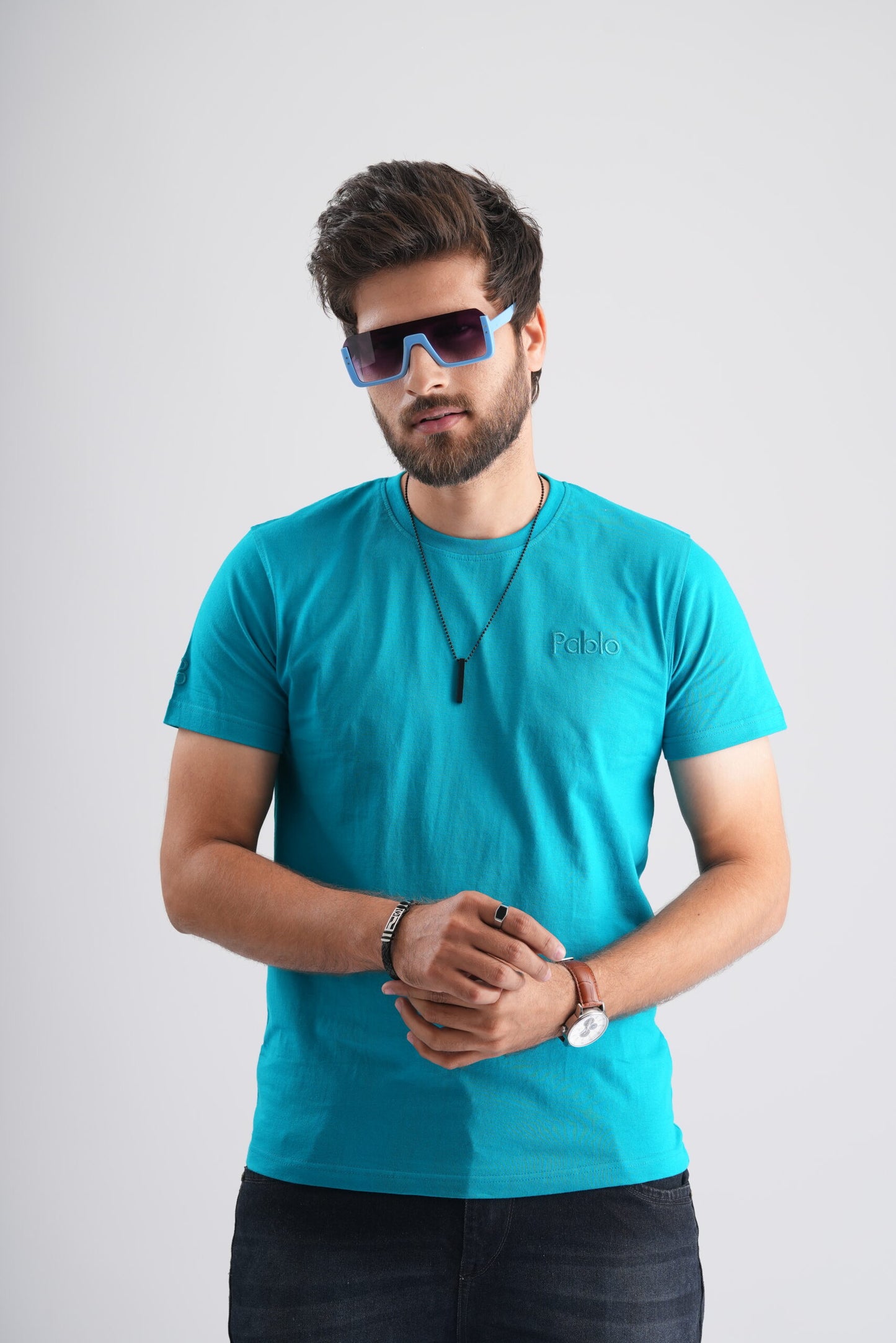 Sky Blue Round Neck T-Shirt with Pablo Embroidery