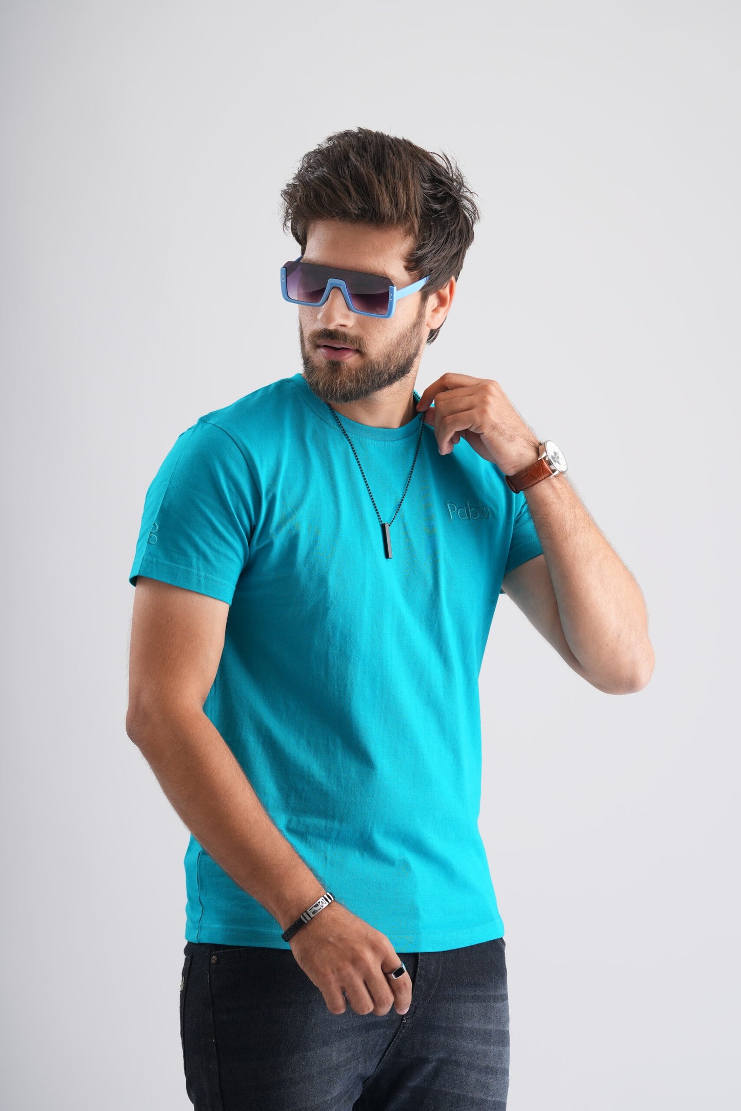 Sky Blue Round Neck T-Shirt with Pablo Embroidery