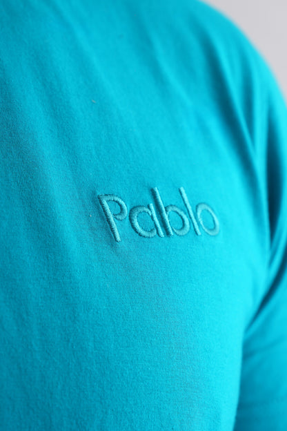 Sky Blue Round Neck T-Shirt with Pablo Embroidery