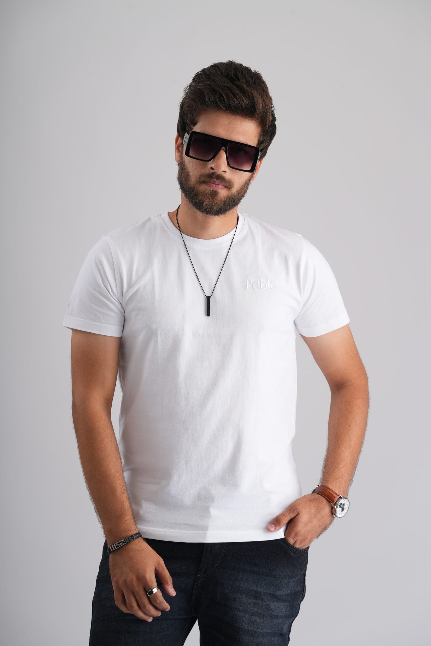 White  Round Neck T-Shirt with Pablo Embroidery