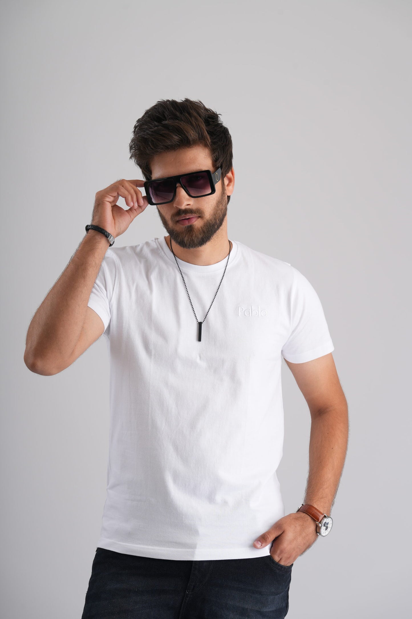 White  Round Neck T-Shirt with Pablo Embroidery