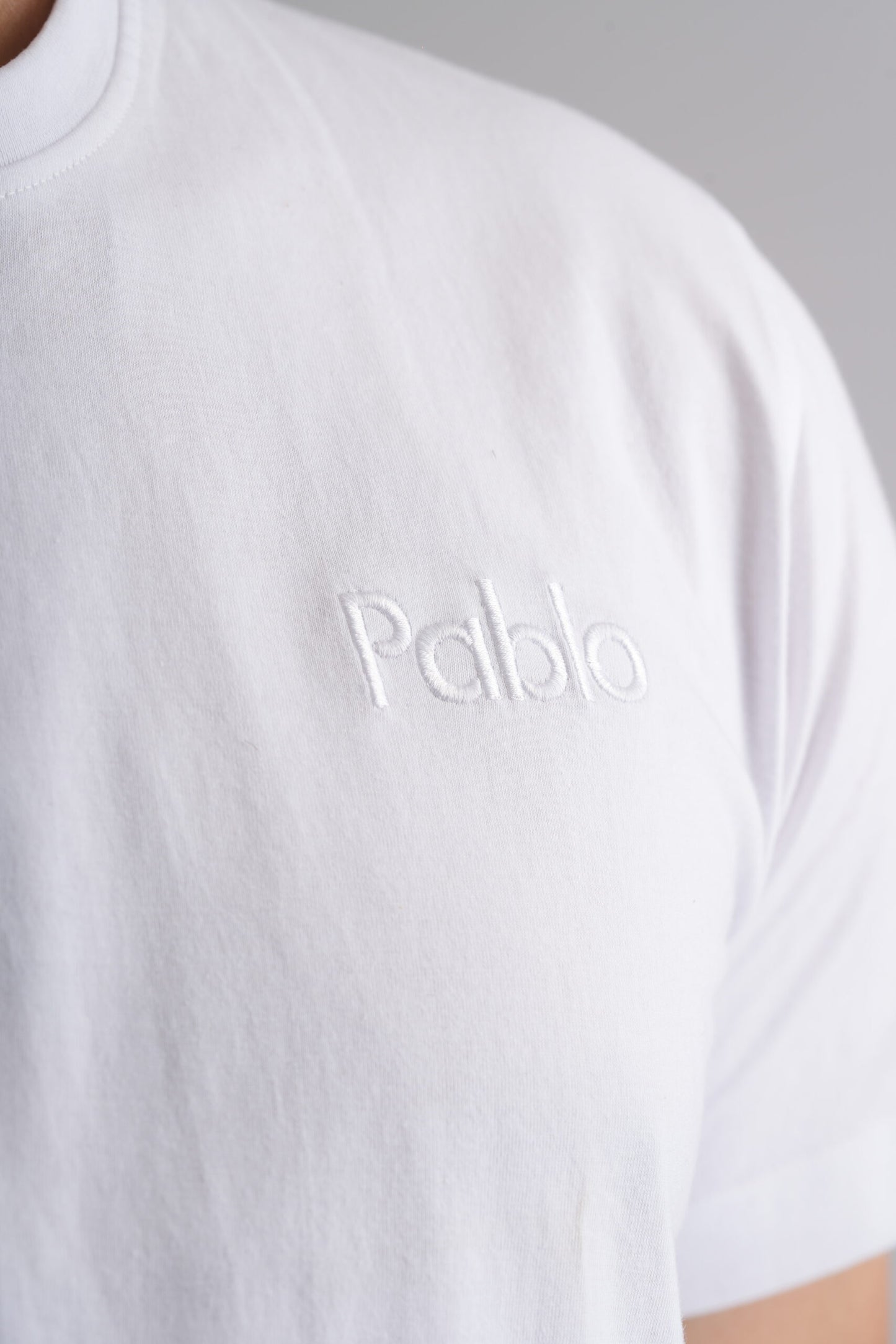 White  Round Neck T-Shirt with Pablo Embroidery