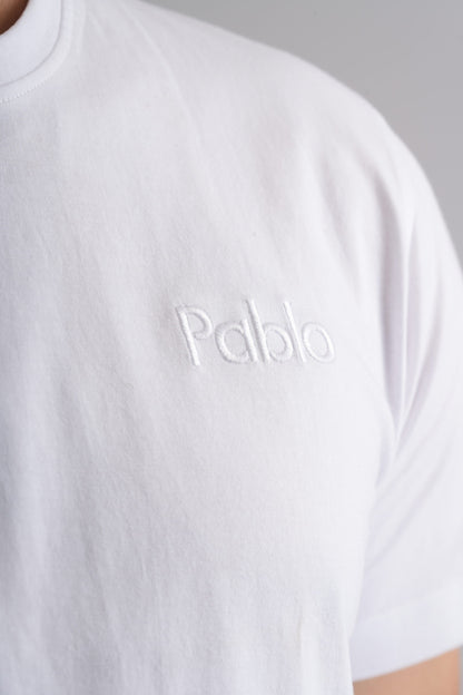 White  Round Neck T-Shirt with Pablo Embroidery
