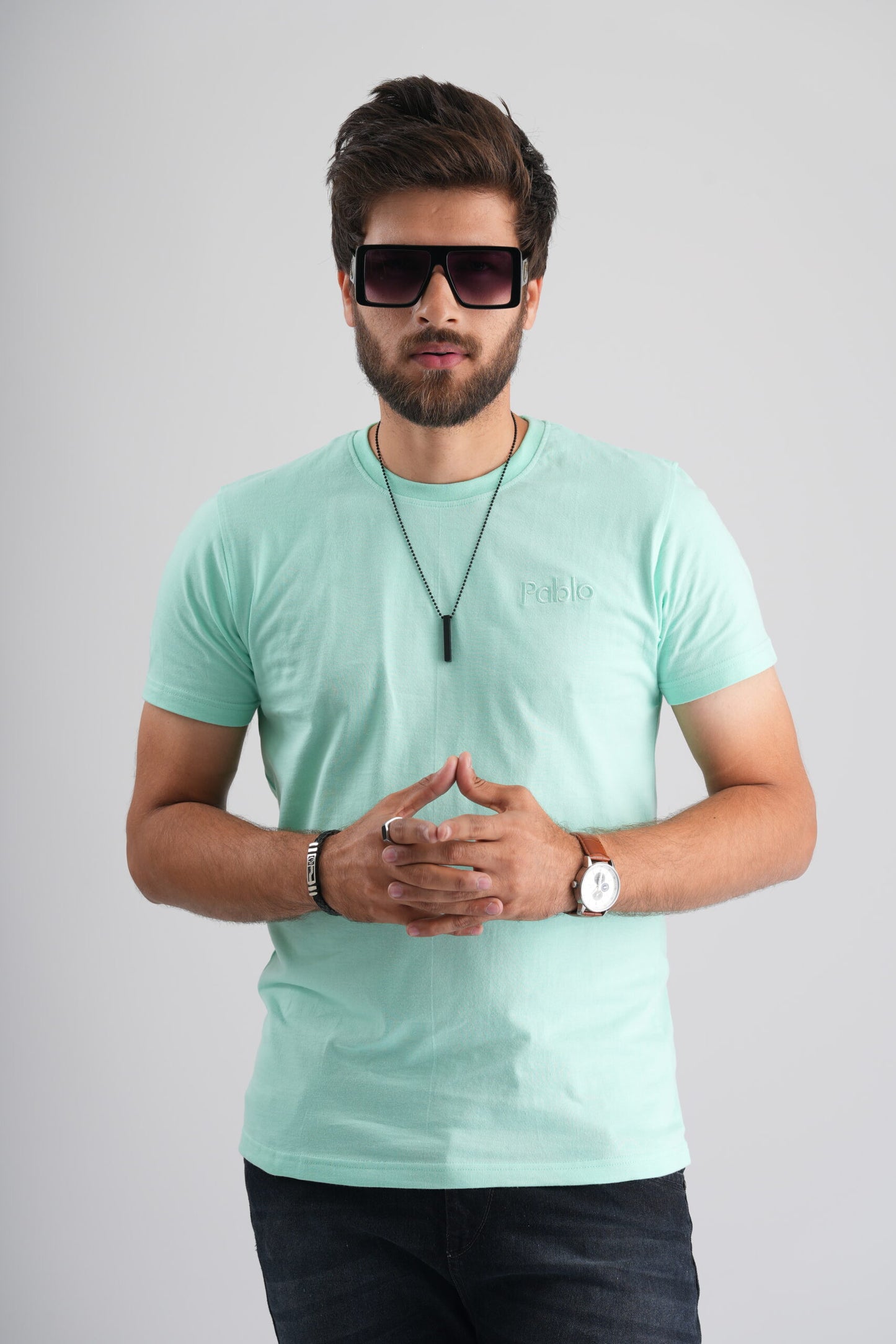 Sea green  Round Neck T-Shirt with Pablo Embroidery