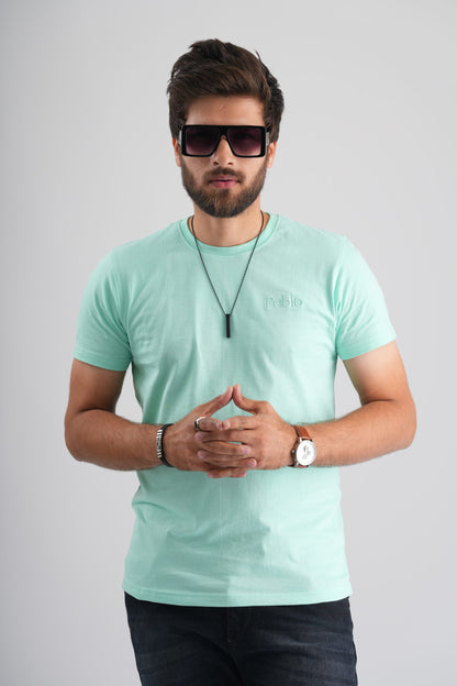 Sea green  Round Neck T-Shirt with Pablo Embroidery