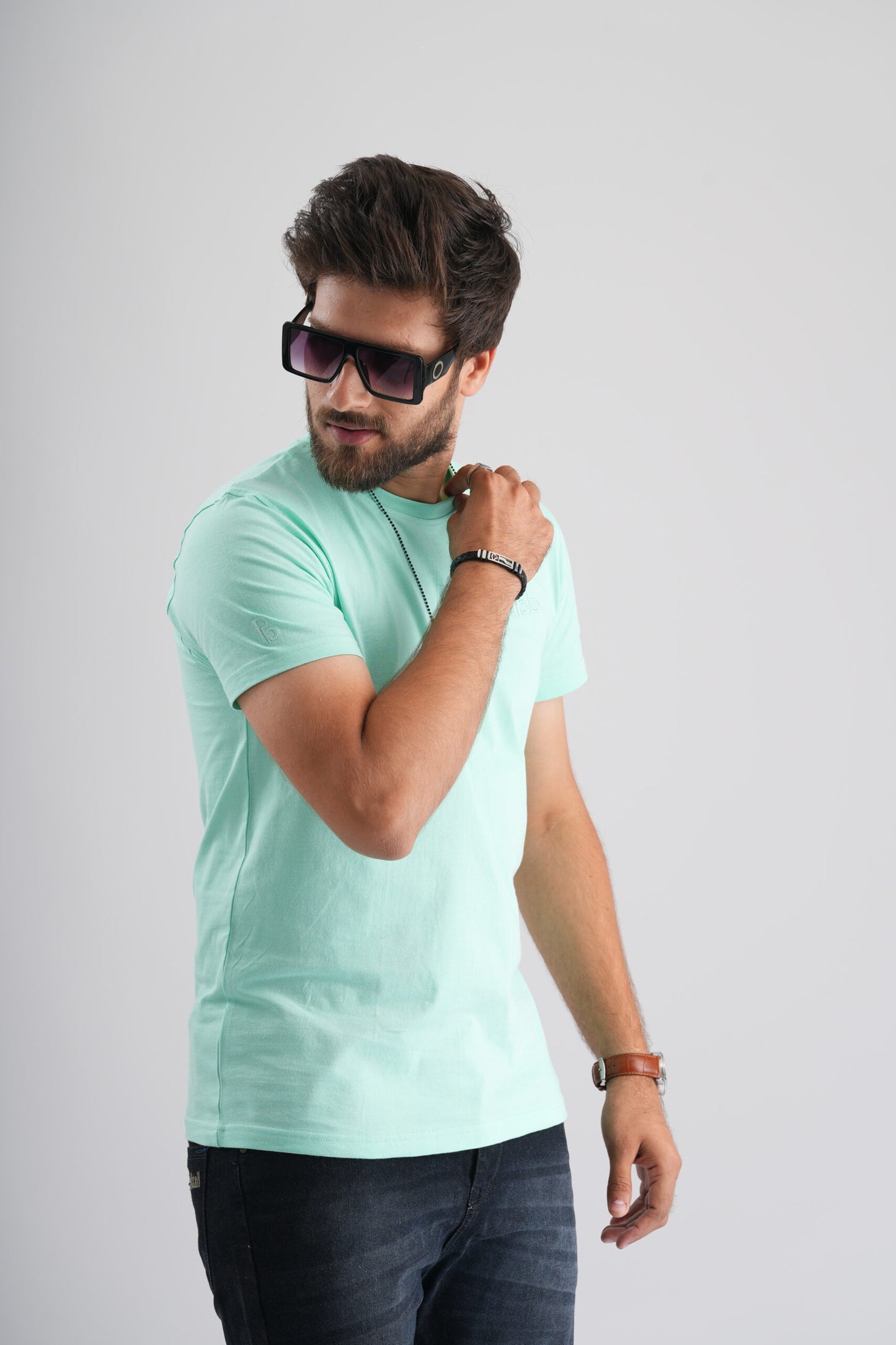 Sea green  Round Neck T-Shirt with Pablo Embroidery