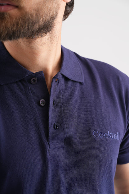 Navy Blue Polo T-Shirt with Cocktail Embroidery