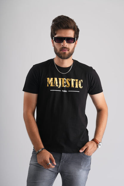 Majestic Golden Print Black Party-Wear T-Shirt