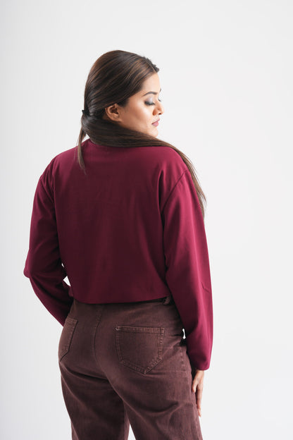 Crimson Solid Button Crop Shrug Overlay Jacket