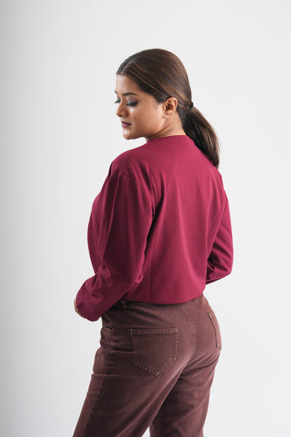 Crimson Solid Button Crop Shrug Overlay Jacket