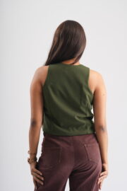 women's olive green sleeveless waistcoat back view