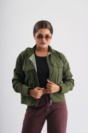 Stylish olive green women's crop jacket